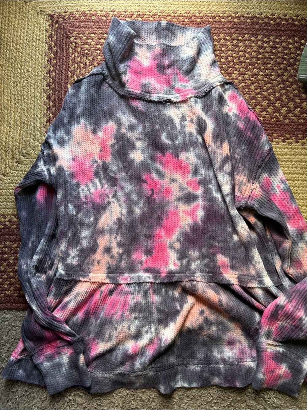 True Craft Tie-Dye Mock Neck Pullover - Pink, Peach, Gray